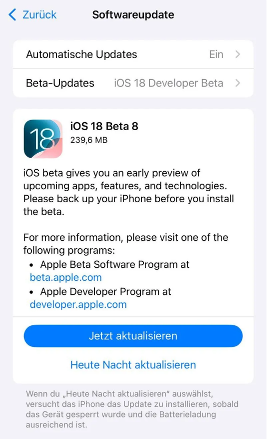 秭归苹果手机维修分享苹果 iOS / iPadOS 18 开发者预览版 Beta 8 发布 